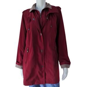 FLEET STREET Cranberry Red & Tan Lined Hooded Rain Coat Jacket Women's Size S